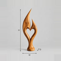 Heart Cutout Flame Sculpture With Two Pointed Tips dimension diagram with width, height and depth