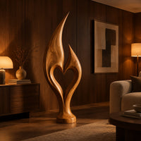 Flame sculpture with two pointed tips enclosing a heart shaped opening in an evening living room with walnut wall paneling