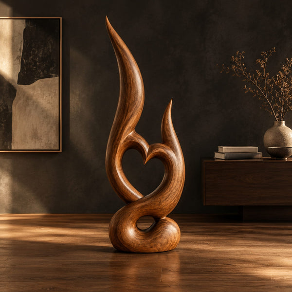 Heart Opening Wood Sculpture With Twin Flame Tips And Coiled Base