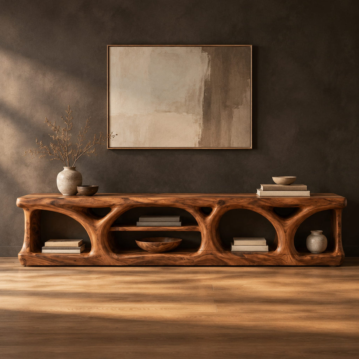 Long low media console with hollowed arch openings and open shelf bays in a dark studio against a charcoal plaster wall