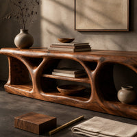 Corner detail of long low media console with hollowed arch openings and open shelf bays beside wood, brass and linen samples