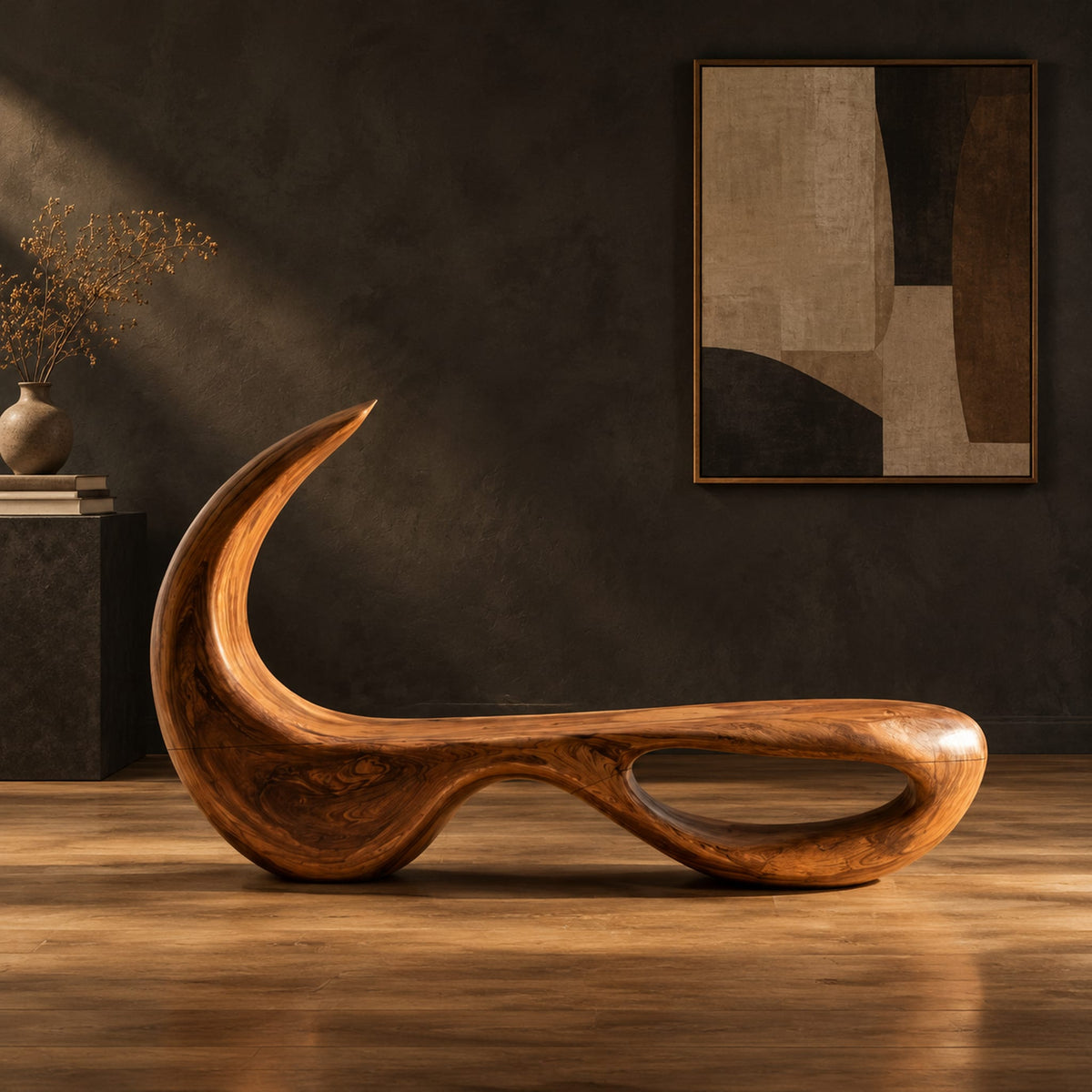 Sculpted bench with a hooked back and an open loop base in a dark studio against a charcoal plaster wall