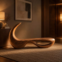 Sculpted bench with a hooked back and an open loop base in an evening entryway with walnut wall paneling