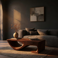 Dark coffee table with a scooped hollow and hooked end in a living room at golden hour