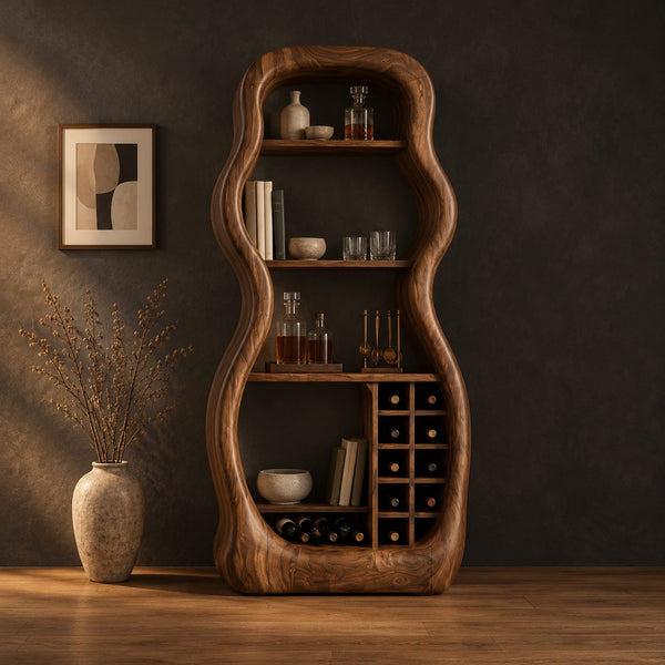 Hourglass Bar Cabinet With Open Shelves And A Square Cubby Grid