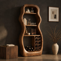 Corner detail of freeform hourglass cabinet with open shelves and a grid of square cubbies beside wood, brass and linen samples