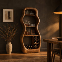 Freeform hourglass cabinet with open shelves and a grid of square cubbies in a dark dining room at golden hour