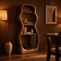 Freeform hourglass cabinet with open shelves and a grid of square cubbies in an evening dining room with walnut wall paneling