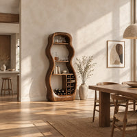 Freeform hourglass cabinet with open shelves and a grid of square cubbies in a bright open plan dining room