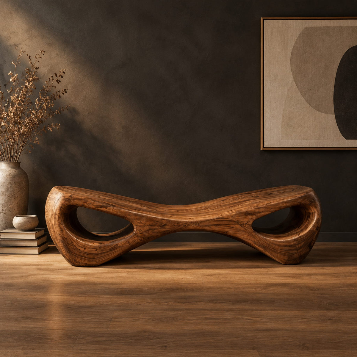 Hourglass bench with a narrow middle and hollow oval ends in a dark studio against a charcoal plaster wall