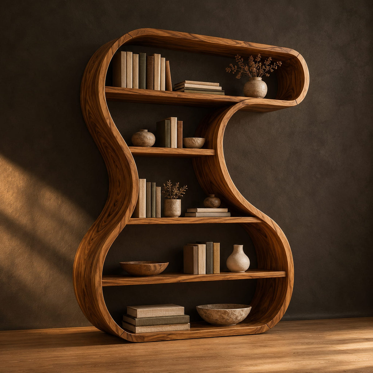 Hourglass shaped bookshelf with a flowing wood ribbon frame and open shelves in a dark studio against a charcoal plaster wall