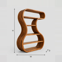 Hourglass Bookshelf With Flowing Ribbon Frame And Open Shelves dimension diagram with width, height and depth