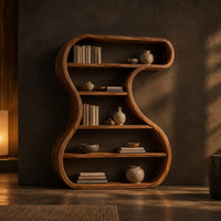 Hourglass shaped bookshelf with a flowing wood ribbon frame and open shelves in a dark living room at golden hour