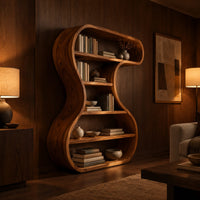 Hourglass shaped bookshelf with a flowing wood ribbon frame and open shelves in an evening living room with walnut wall paneling