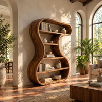 Hourglass shaped bookshelf with a flowing wood ribbon frame and open shelves in a bright living room with arched windows and plants