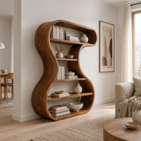 Hourglass shaped bookshelf with a flowing wood ribbon frame and open shelves in a Scandinavian living room with white walls