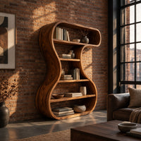 Hourglass shaped bookshelf with a flowing wood ribbon frame and open shelves in an industrial loft living room with exposed brick