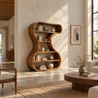 Hourglass shaped bookshelf with a flowing wood ribbon frame and open shelves in a bright open plan living room