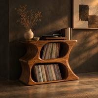Hourglass record player stand with two stacked oval openings and a flat top, three-quarter view showing the grain