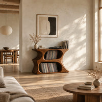 Hourglass record player stand with two stacked oval openings and a flat top in a bright open plan living room