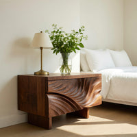 Solid Wood Nightstand Elegant Floating With Carved Front Bedroom, view 10
