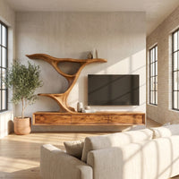 Wooden Floating Tv Stand With Side Branch Shaped Storage For Living, view 10