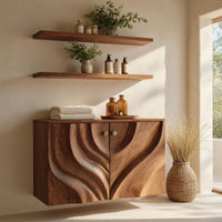 Solid Wood Corner Wall Bathroom Shelf Cabinet Symmetrical Carved Doors, view 10