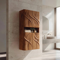 Solid Wood Corner Wall Bathroom Shelf Cabinet With Door Waves, view 10