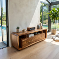 Rounded-Edge Media Console with Brass Pulls, Two Drawers, view 10