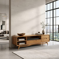 Warm Oak Media Console with Open Shelves and Drawers, view 10