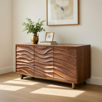 Solid Wood Sideboard With Carved Wave Design Statement Living Space, view 10