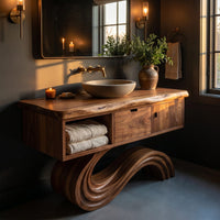 Solid Wood Bathroom Vanity Curved With Open Storage, view 10