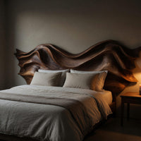 Solid Wood Headboard Artistic Sculptural With Wave Carving Bedroom, view 10