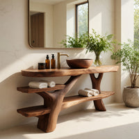 Solid Wood Live Edge Vanity Handcrafted Bathroom Solid With Shelf Modern, view 10