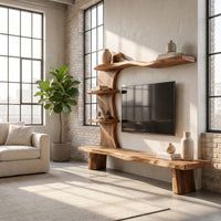 Handcrafted Wood Tv Shelf With Curved Frame For Living Room, view 10