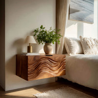 Solid Wood Nightstand Floating With Wave Carved Front Bedroom, view 10