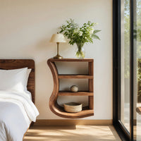 Solid Wood Nightstand Minimal Curved Open Shelf Design Bedroom, view 10