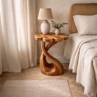 Solid Wood Nightstand Handcrafted With Floral Shaped Tabletop Bedroom, view 10