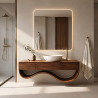 Solid Wood Bathroom Vanity Luxury Cabinet With Undulating Open Shelf Bath, view 10