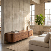Rustic Wood Tv Cabinet With Sculptural Display Shelves For Home, view 10