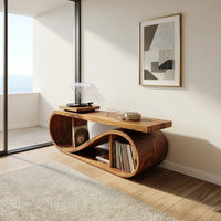Solid Wood Record Player Stand Coastal Wave Storage Cabinet Beach Residence, view 10