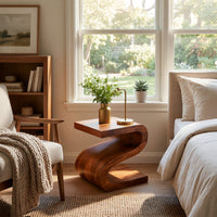 Solid Wood Nightstand Artistic With Undulating Shape Bedroom, view 10