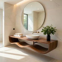 Solid Wood Bathroom Vanity With Floating Wave Shelf Modern Bath, view 10