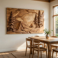 Campfire and Pines Carved Hardwood Wall Art Panel, view 10 — view 10