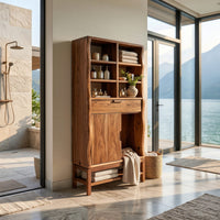 Solid Wood Bathroom Cabinet Mid Century Open Shelf Storage Urban Loft, view 10