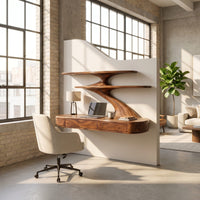 Floating Wooden Desk With Curved Upper Shelf Frame For Workspace, view 10