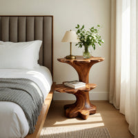 Solid Wood Nightstand Artistic Two Tier Sculptural Base Bedroom, view 10