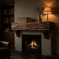 Solid Wood Floating Fireplace Mantel Rustic Shelf With Wave Carved Living, view 10