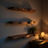 Solid Wood Natural Wood Floating Shelves Mid Century Live Edge Shelf, view 10