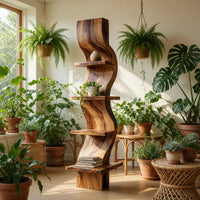Solid Wood Standing Shelf Minimalist Curved Display Living Room, view 10